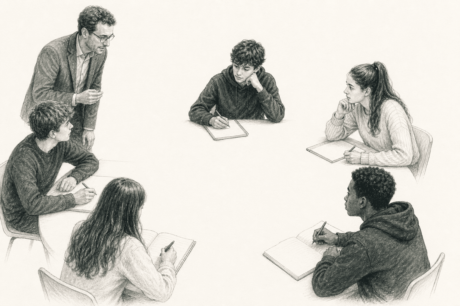 Five students seated around a shared table, with a teacher standing just outside the circle.