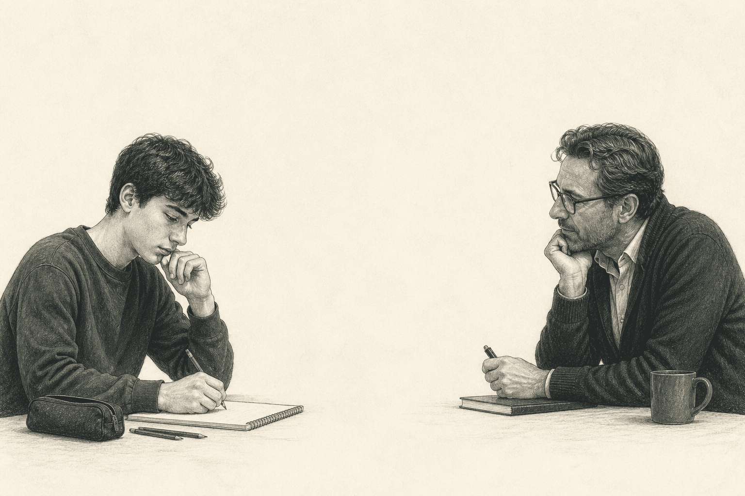 A student working in a notebook while a mentor sits opposite, watching carefully.