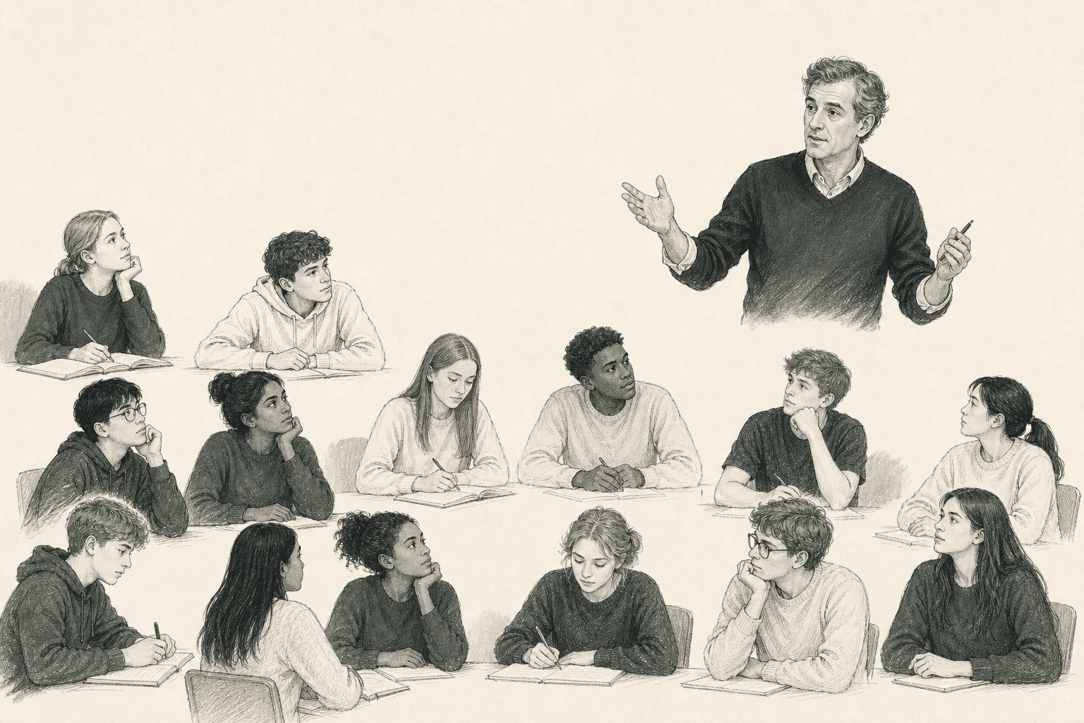 A mathematics teacher addressing a large class of teenage students, some writing and some thinking.