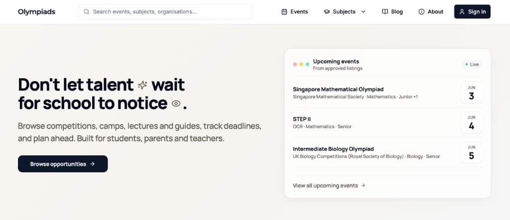 Olympiads.co.uk homepage: browse competitions, track deadlines, and upcoming events