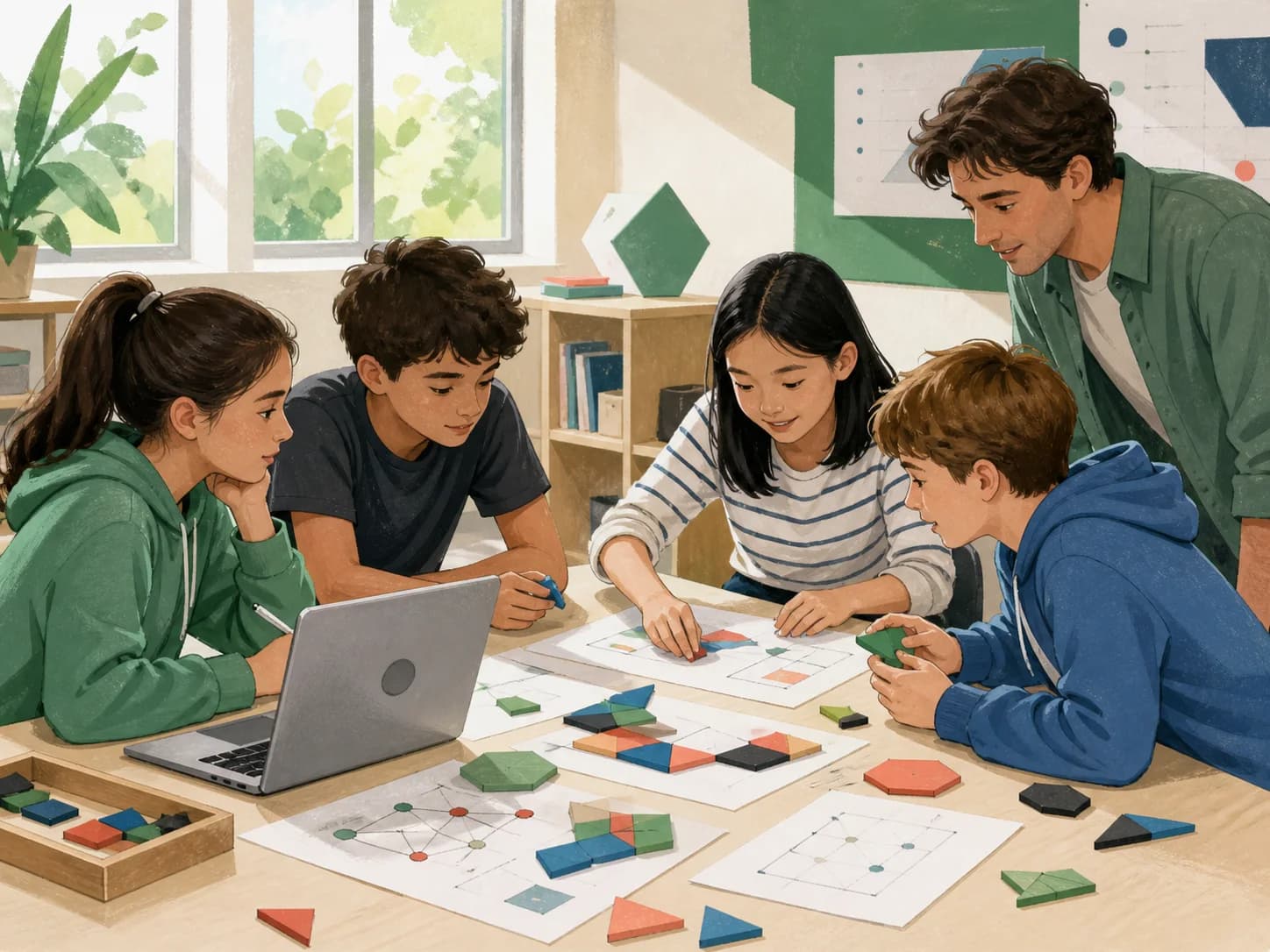 Four students collaborating on a mathematical puzzle with a tutor nearby.