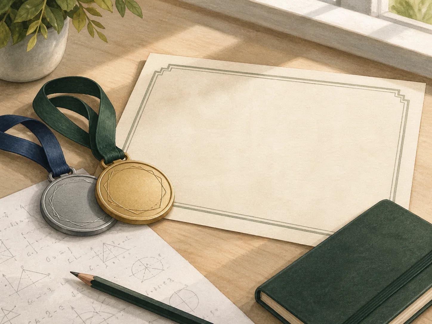 Symbolic illustration of mathematics medals, a blank certificate, and written work.