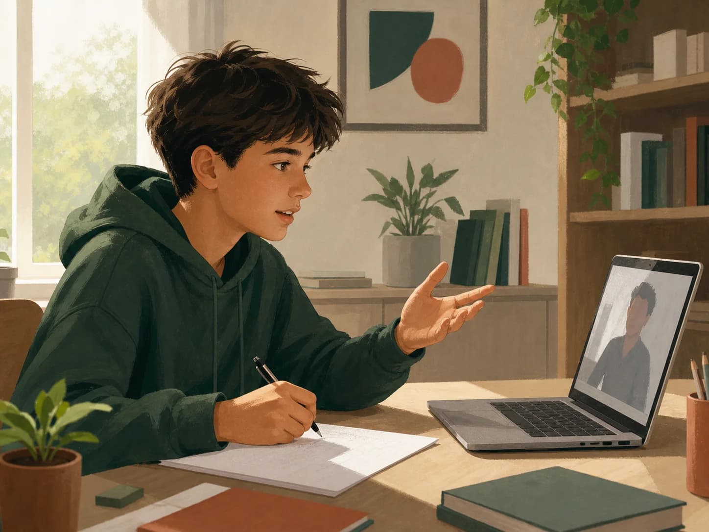 A student discussing written work during an individual online lesson.