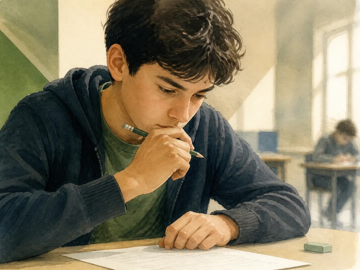 Illustration of a student concentrating on a mathematics olympiad problem.