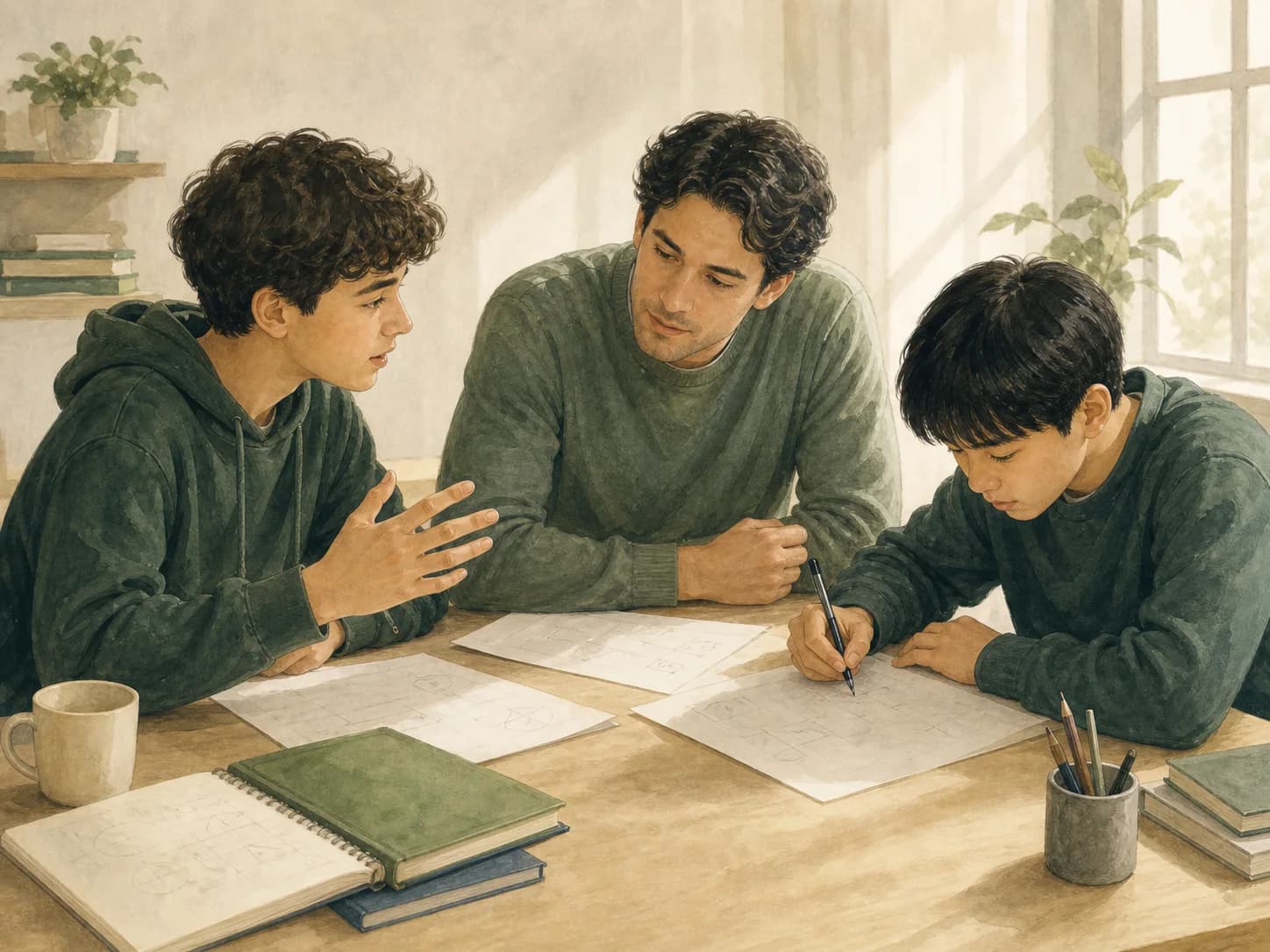 A tutor listening as two students compare written mathematical approaches.